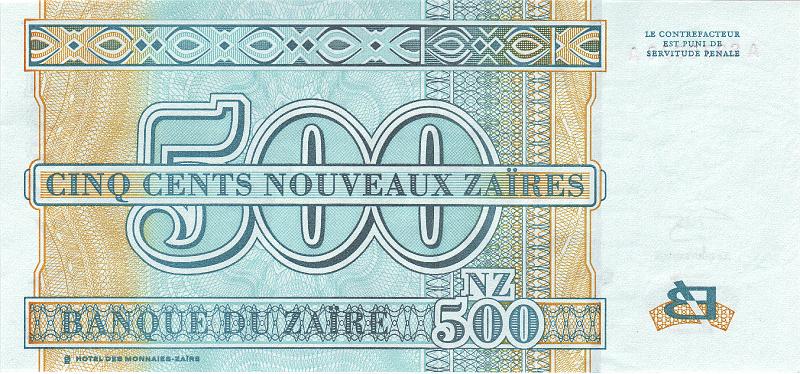 ZAI_02_B.JPG - Zaire(Congo), 500 new zaires, UNC.