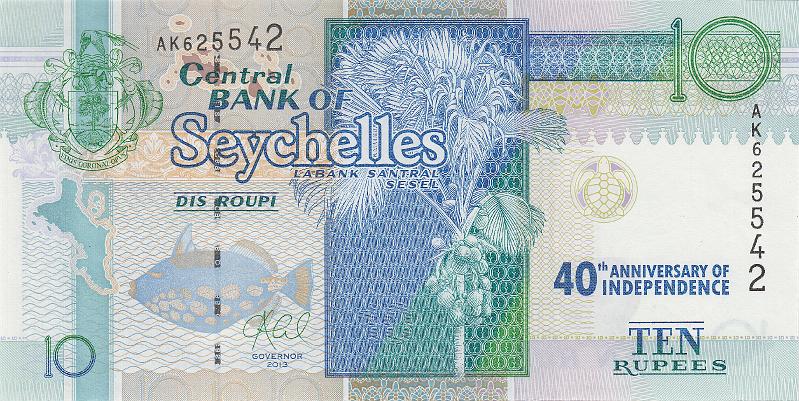 SEY_07_A.JPG - Сейшельские острова, 2013г., 10 рупий, памятная (надпечатка, 40 лет независимости).