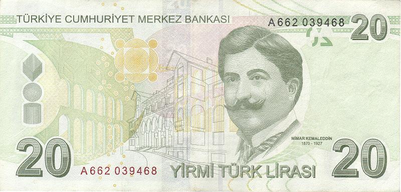 TUR_03_B.JPG - Turkey, 20 liras, XF.