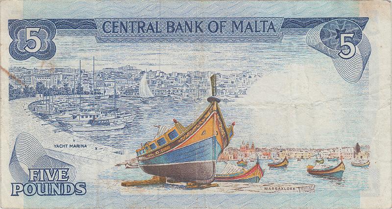 MLT_04_B.JPG - Malta, 5 pound, VF.
