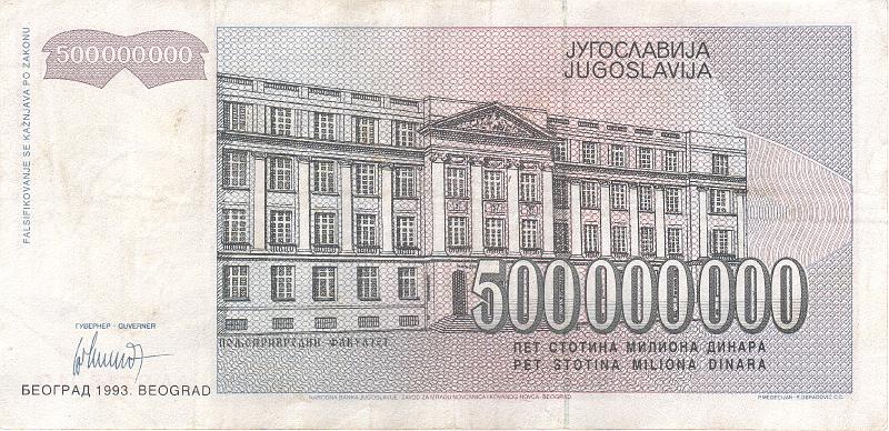 YUG_05_B.JPG - Yugoslavia, 500 000 000 dinars, VF.