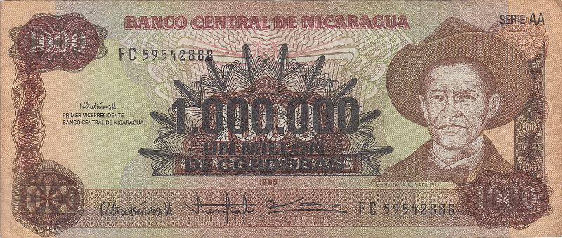 NIC_03_A.JPG - Никарагуа, 1985г., 1 000 000 кордоба (надпечатка на 1000).