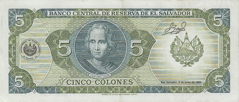 SLV_03_B.JPG - El Salvodor, 5 colons, XF.