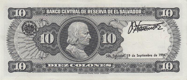 SLV_04_B.JPG - El Salvodor, 10 colons, UNC.